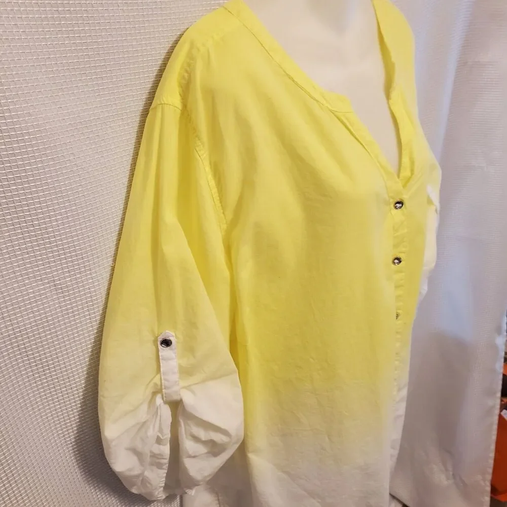 Cathrines Plus Sz 3X Yellow Ombre Button Down Blouse Rhinestones Roll Tab Sleeve